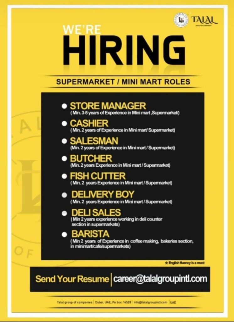 Talal Supermarket UAE Recruitment 2021