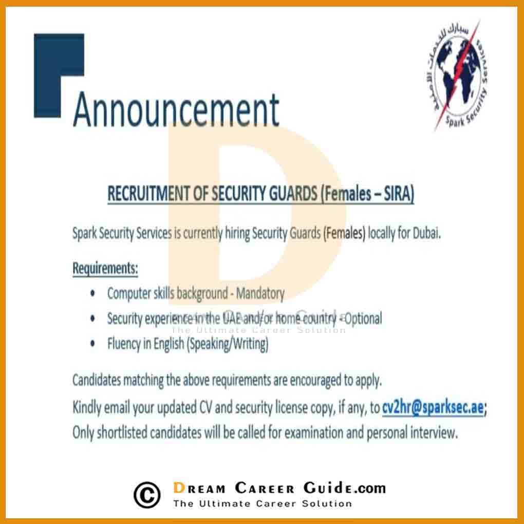 Spark Security Vacancy 2022 Security Guard Jobs in Dubai With Free
