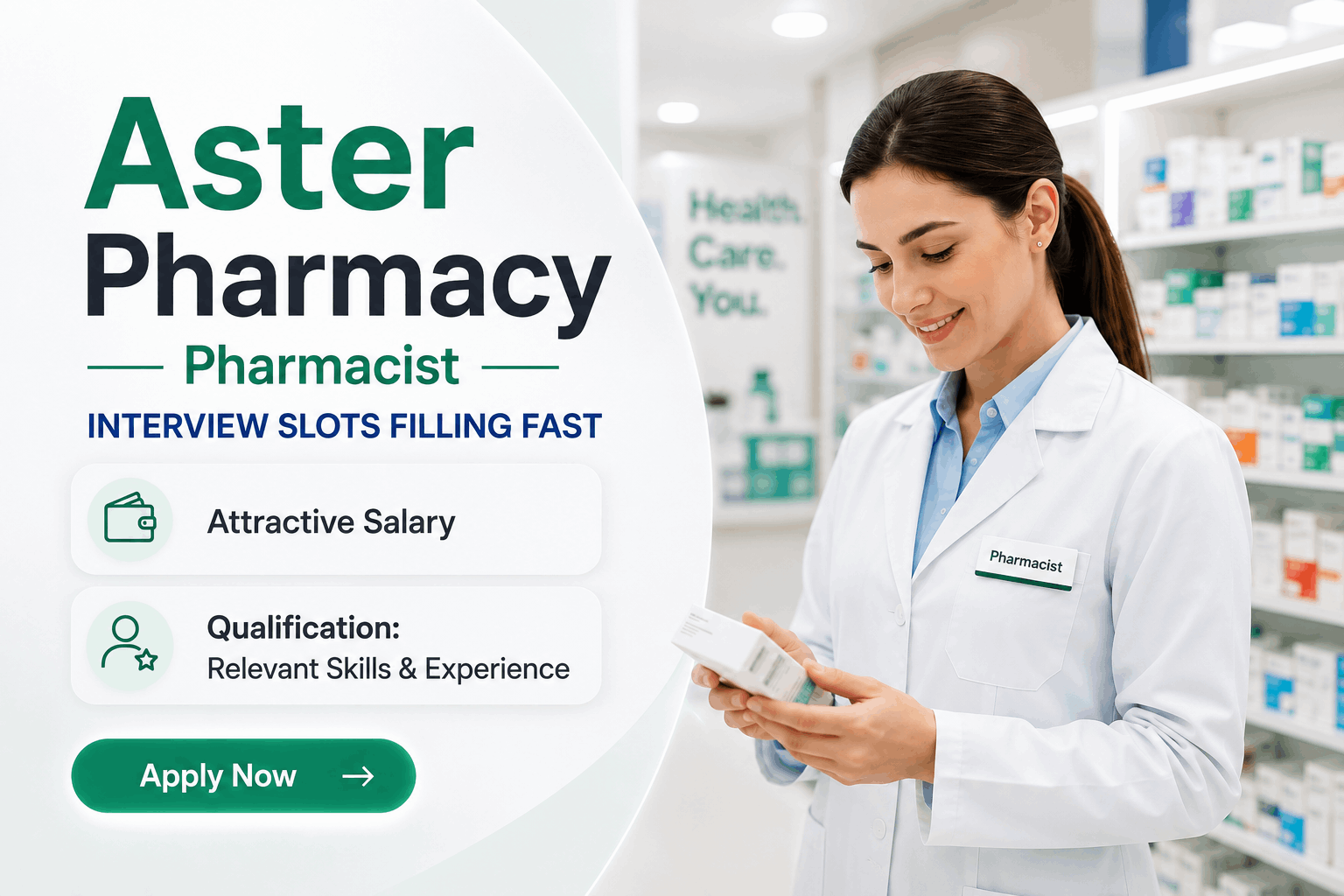 Aster Pharmacy Jobs : Pharmacist, Cashier & Counter Assistant Vacancies