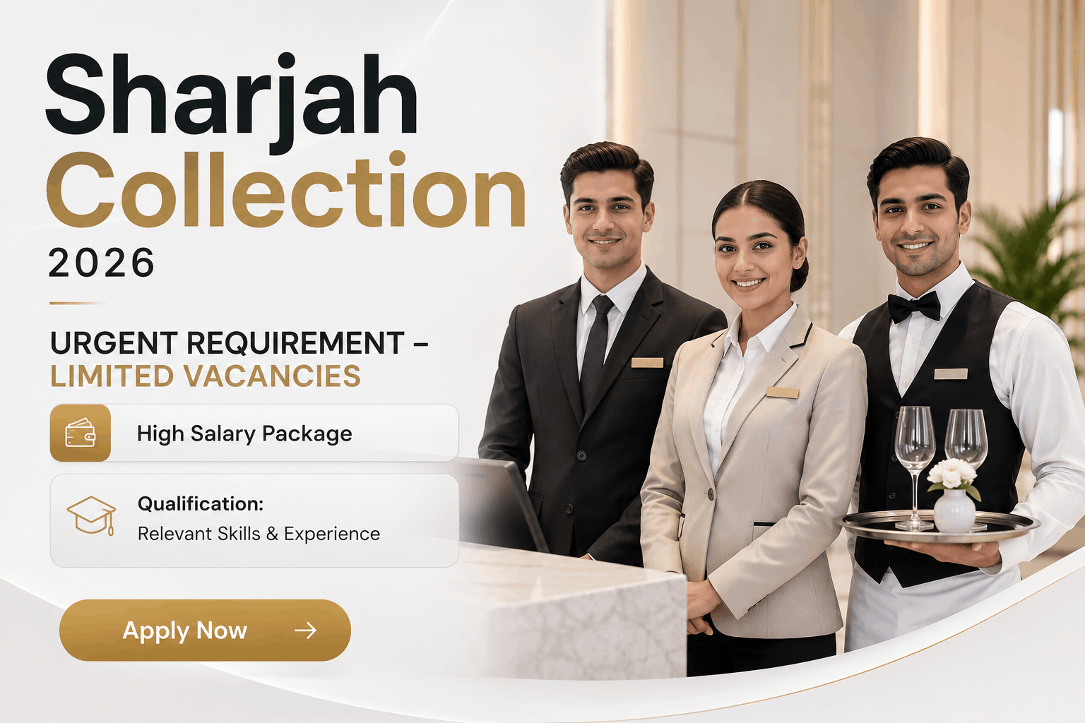 Sharjah Collection Jobs : Front Desk Host, Waiter & Spa Therapist Vacancies
