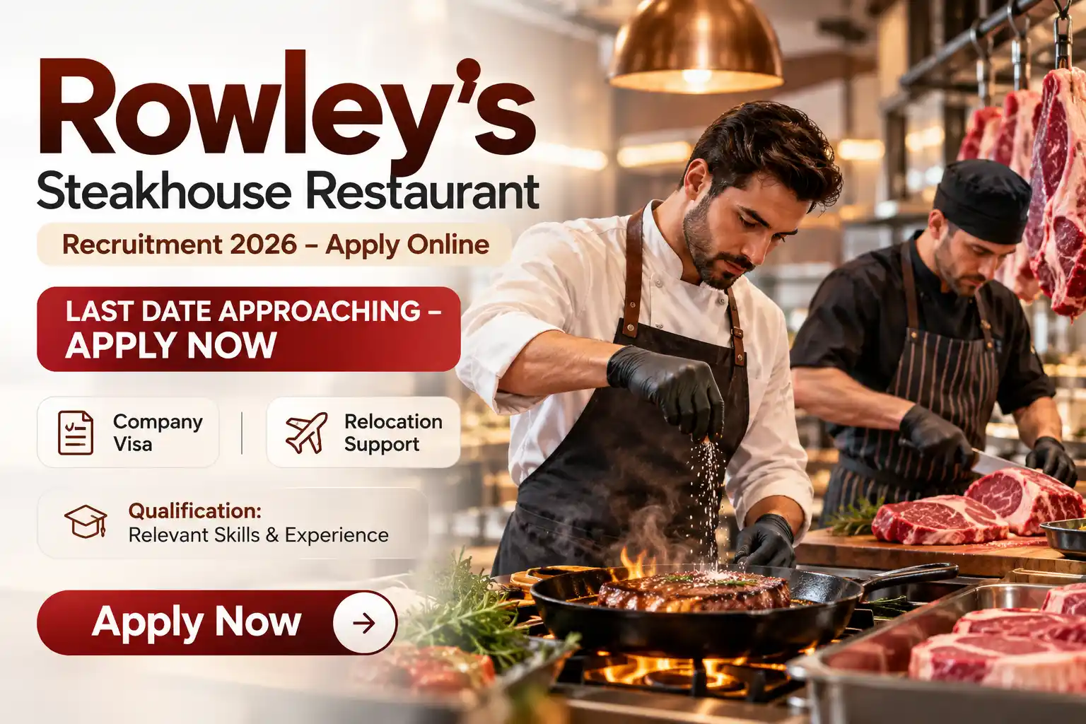 Rowley’s Steakhouse Restaurant Jobs : Waiter, Commis Chef, Bartender & Host Roles