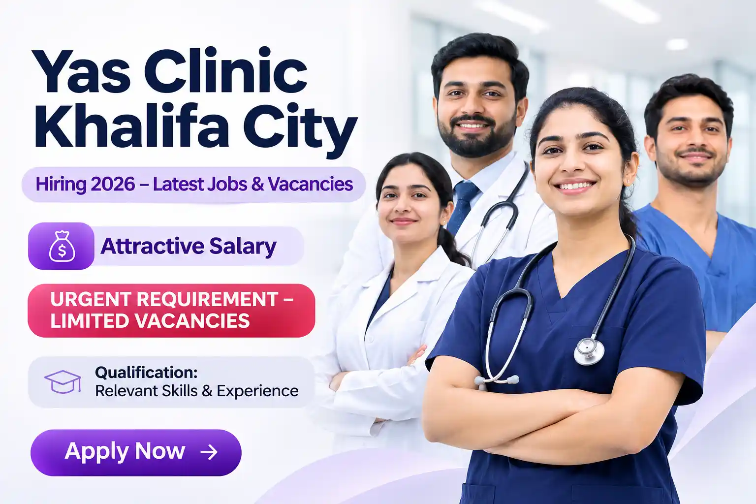 Yas Clinic Khalifa City Jobs : Staff Nurse, Call Center Agent & Receptionist